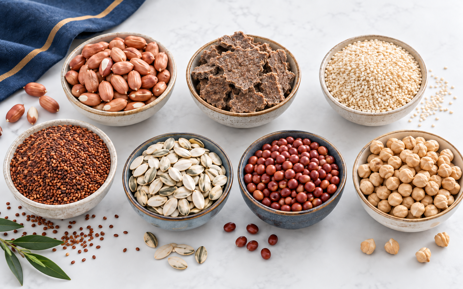 Peanuts, sesame, watermelon seeds, pigeon peas and chickpeas displayed in ceramic bowls